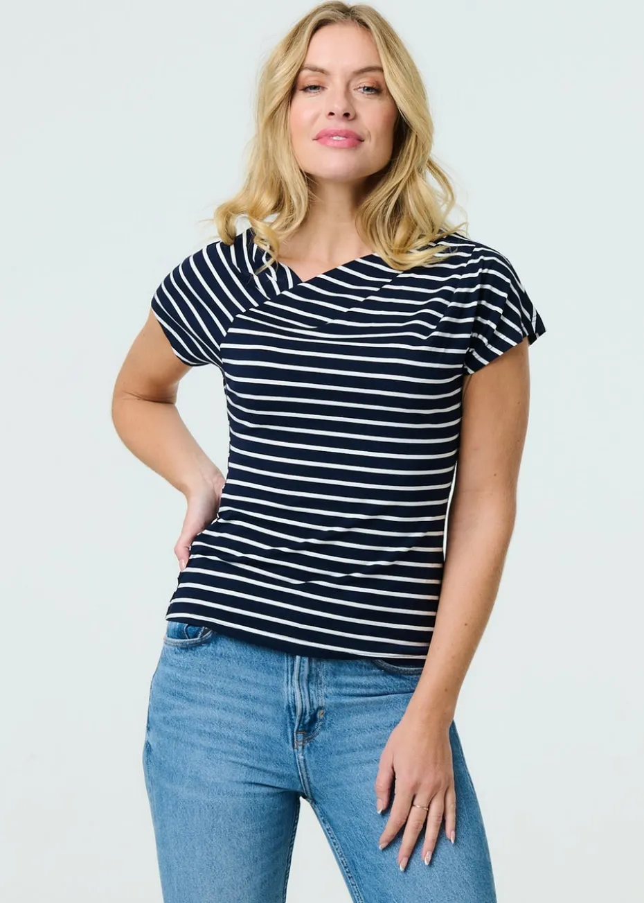 Izabel London Navy Striped Asymmetric Short Sleeve Top