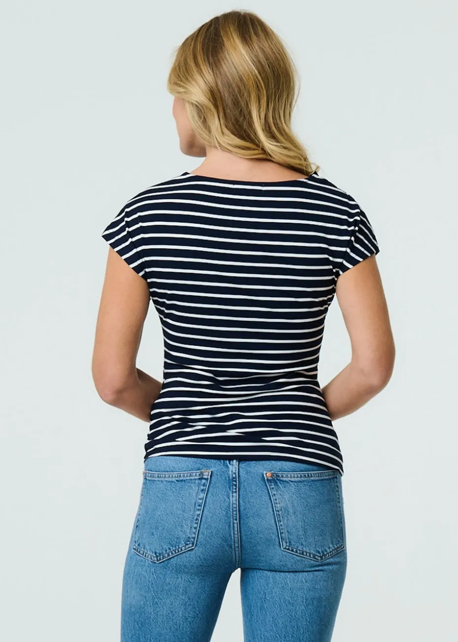 Izabel London Navy Striped Asymmetric Short Sleeve Top