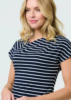 Izabel London Navy Striped Asymmetric Short Sleeve Top