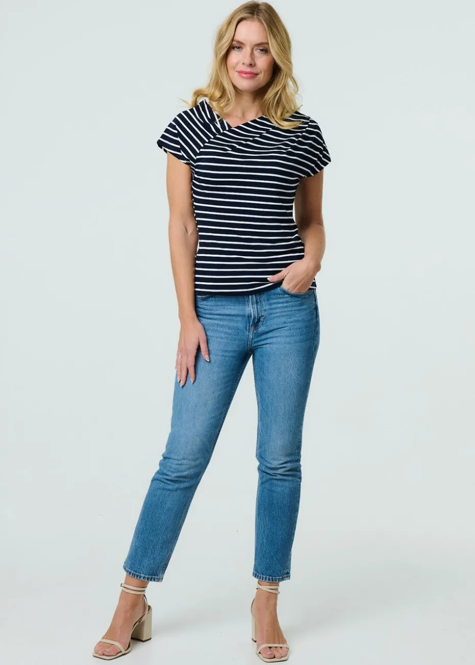 Izabel London Navy Striped Asymmetric Short Sleeve Top