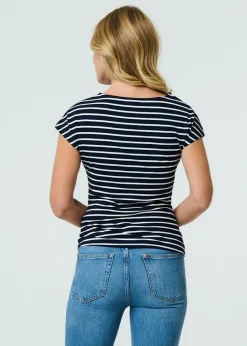 Izabel London Navy Striped Asymmetric Short Sleeve Top