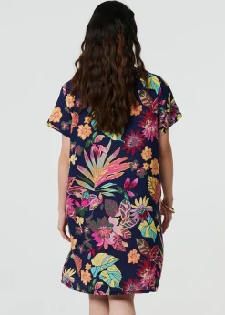 Izabel London Navy Tropical Print Knee Length Shift Dress