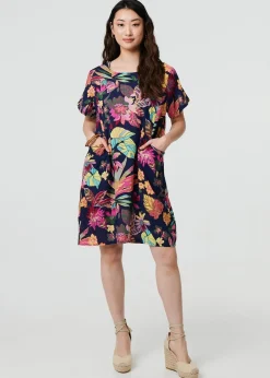 Izabel London Navy Tropical Print Knee Length Shift Dress