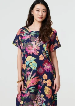 Izabel London Navy Tropical Print Knee Length Shift Dress