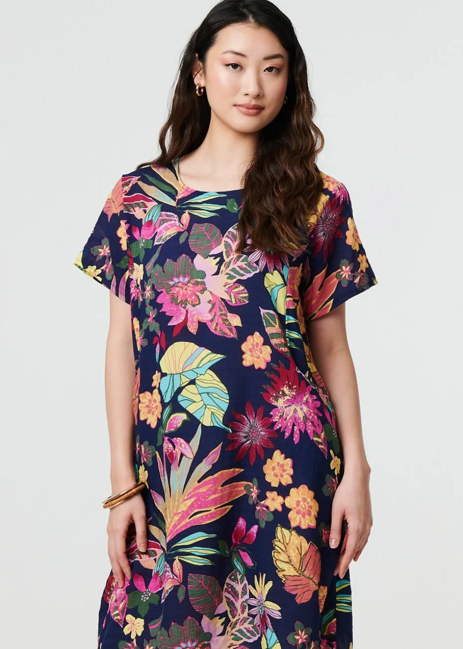Izabel London Navy Tropical Print Knee Length Shift Dress