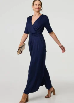 Izabel London Navy Wrap Waist Wide Leg Jumpsuit