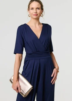 Izabel London Navy Wrap Waist Wide Leg Jumpsuit