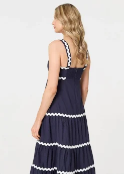 Izabel London Navy Zig Zag Trim Sleeveless Tiered Midi Dress