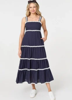 Izabel London Navy Zig Zag Trim Sleeveless Tiered Midi Dress
