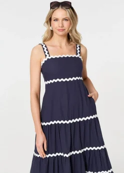 Izabel London Navy Zig Zag Trim Sleeveless Tiered Midi Dress