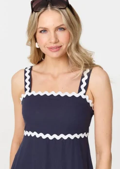 Izabel London Navy Zig Zag Trim Sleeveless Tiered Midi Dress