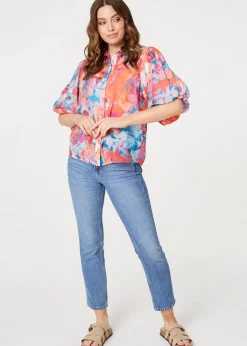 Izabel London Orange Abstract Print 1/2 Sleeve Shirt