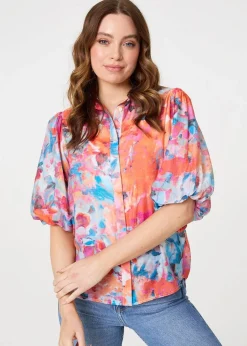 Izabel London Orange Abstract Print 1/2 Sleeve Shirt