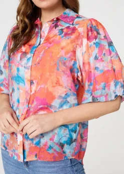 Izabel London Orange Abstract Print 1/2 Sleeve Shirt