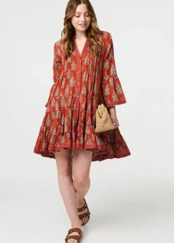 Izabel London Orange Feather Print Flare Sleeve Short Dress