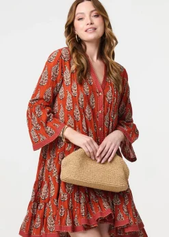 Izabel London Orange Feather Print Flare Sleeve Short Dress