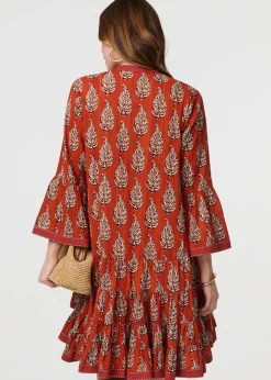 Izabel London Orange Feather Print Flare Sleeve Short Dress