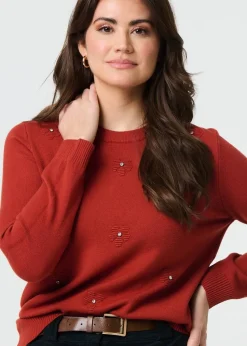 Izabel London Orange Floral Gemstone Embellished Jumper