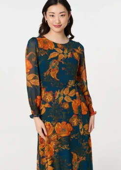 Izabel London Orange Floral Semi Sheer Tie Waist Maxi Dress