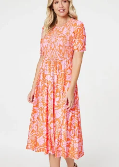 Izabel London Orange Floral Smocked Detail Midi Dress
