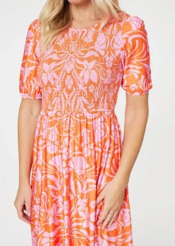 Izabel London Orange Floral Smocked Detail Midi Dress