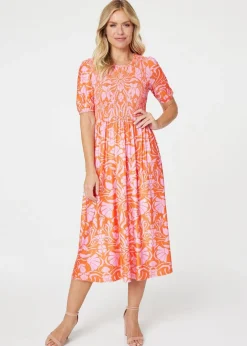 Izabel London Orange Floral Smocked Detail Midi Dress