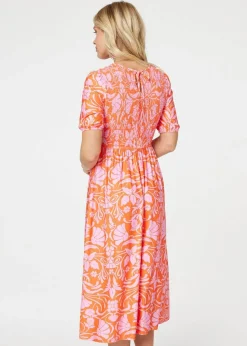 Izabel London Orange Floral Smocked Detail Midi Dress