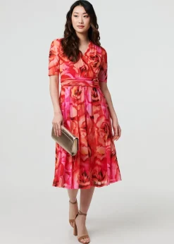 Izabel London Orange Floral Mesh Ruched Midi Faux Wrap Dress