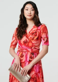 Izabel London Orange Floral Mesh Ruched Midi Faux Wrap Dress