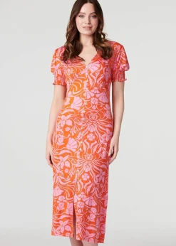 Izabel London Orange Floral Tie Back Midi Tea Dress