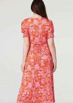 Izabel London Orange Floral Tie Back Midi Tea Dress