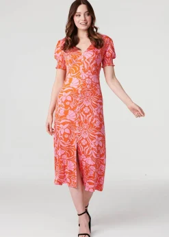 Izabel London Orange Floral Tie Back Midi Tea Dress