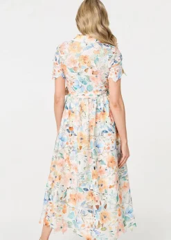 Izabel London Orange Floral Cut Out Tie Waist Midi Shirt Dress