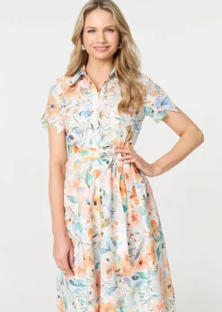 Izabel London Orange Floral Cut Out Tie Waist Midi Shirt Dress