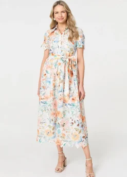 Izabel London Orange Floral Cut Out Tie Waist Midi Shirt Dress