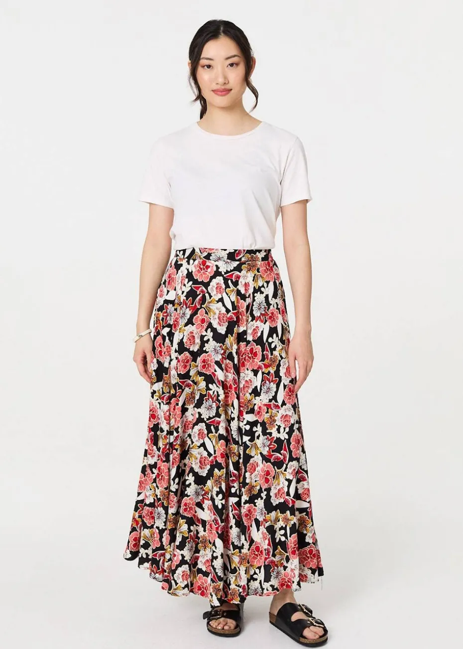 Izabel London Orange Floral High Waist A Line Maxi Skirt