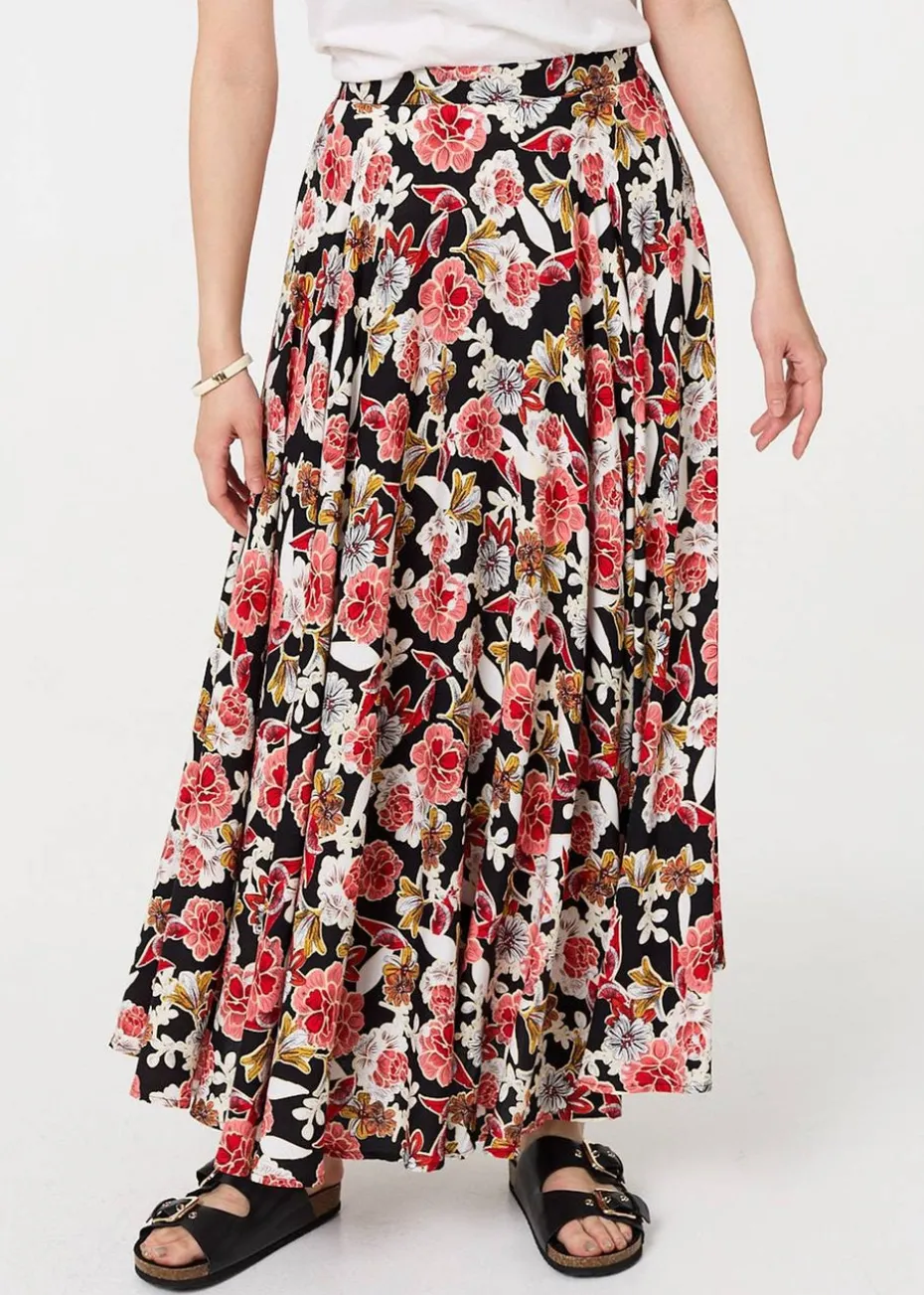 Izabel London Orange Floral High Waist A Line Maxi Skirt