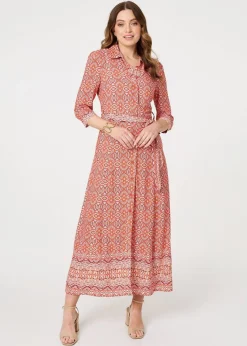 Izabel London Orange Geo Print Tie Waist Maxi Shirt Dress