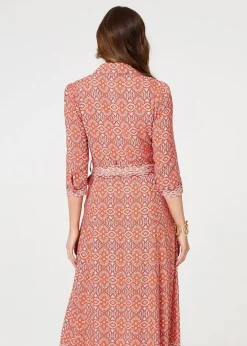 Izabel London Orange Geo Print Tie Waist Maxi Shirt Dress