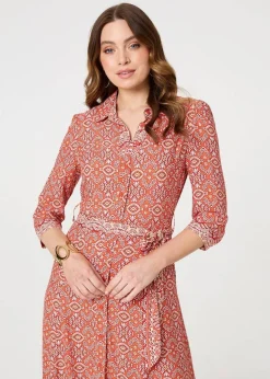 Izabel London Orange Geo Print Tie Waist Maxi Shirt Dress