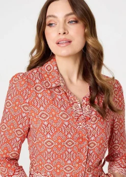 Izabel London Orange Geo Print Tie Waist Maxi Shirt Dress