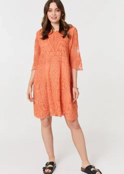 Izabel London Orange Lace Mesh Textured Mini Dress