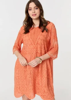 Izabel London Orange Lace Mesh Textured Mini Dress