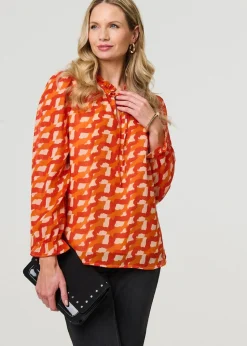 Izabel London Orange Printed Tie Neck Long Sleeve Blouse