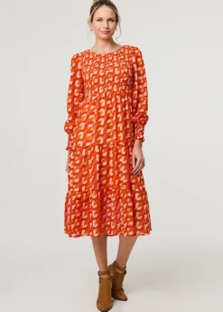 Izabel London Orange Printed Long Puff Sleeve Midi Smock Dress