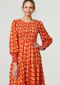 Izabel London Orange Printed Long Puff Sleeve Midi Smock Dress