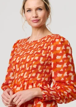 Izabel London Orange Printed Long Puff Sleeve Midi Smock Dress