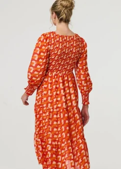 Izabel London Orange Printed Long Puff Sleeve Midi Smock Dress