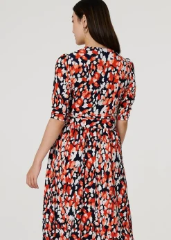 Izabel London Orange Printed V-Neck Midi Wrap Dress