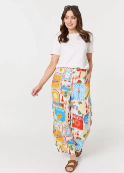 Izabel London Orange Riviera Print Wide Leg Trousers